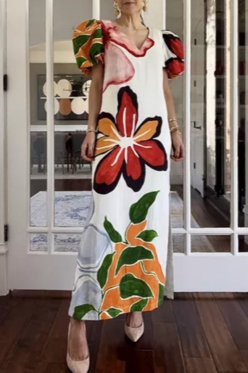 Printed V Neck Puff Sleeve A-Line Maxi Dress