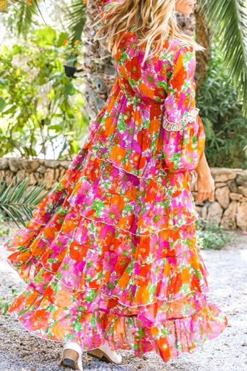 Metallic Gold, Pink & Orange Maxi Dress