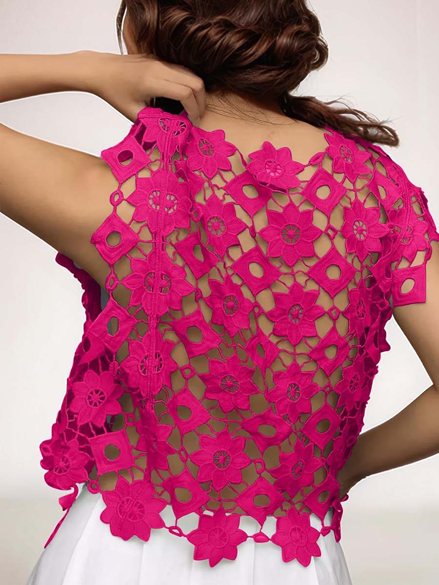 Hollow Out Floral Lace Cropped Blouse