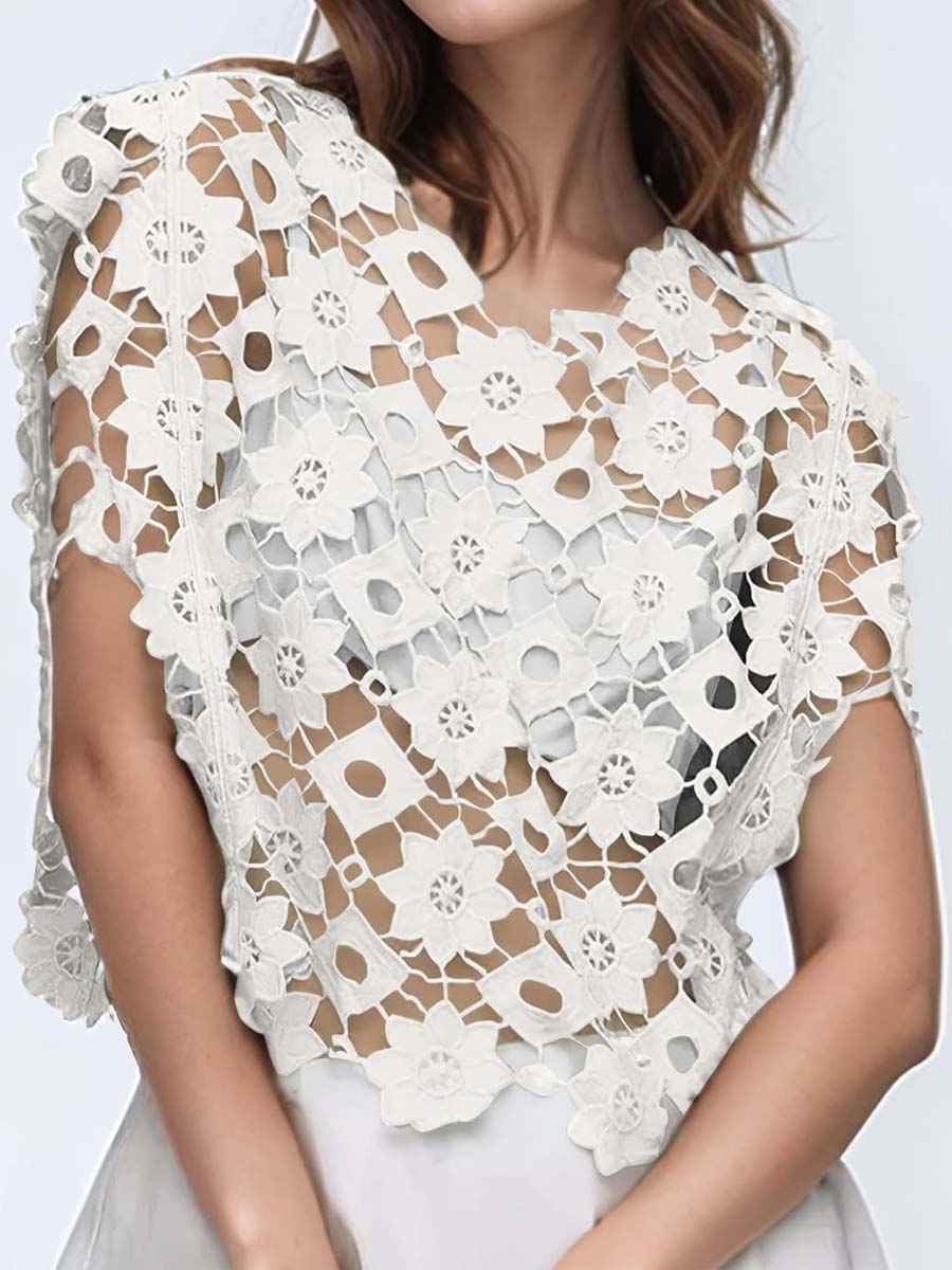 Hollow Out Floral Lace Cropped Blouse