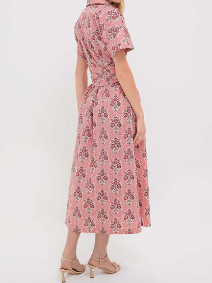 Printed Short Dolman Sleeve Belted Dress