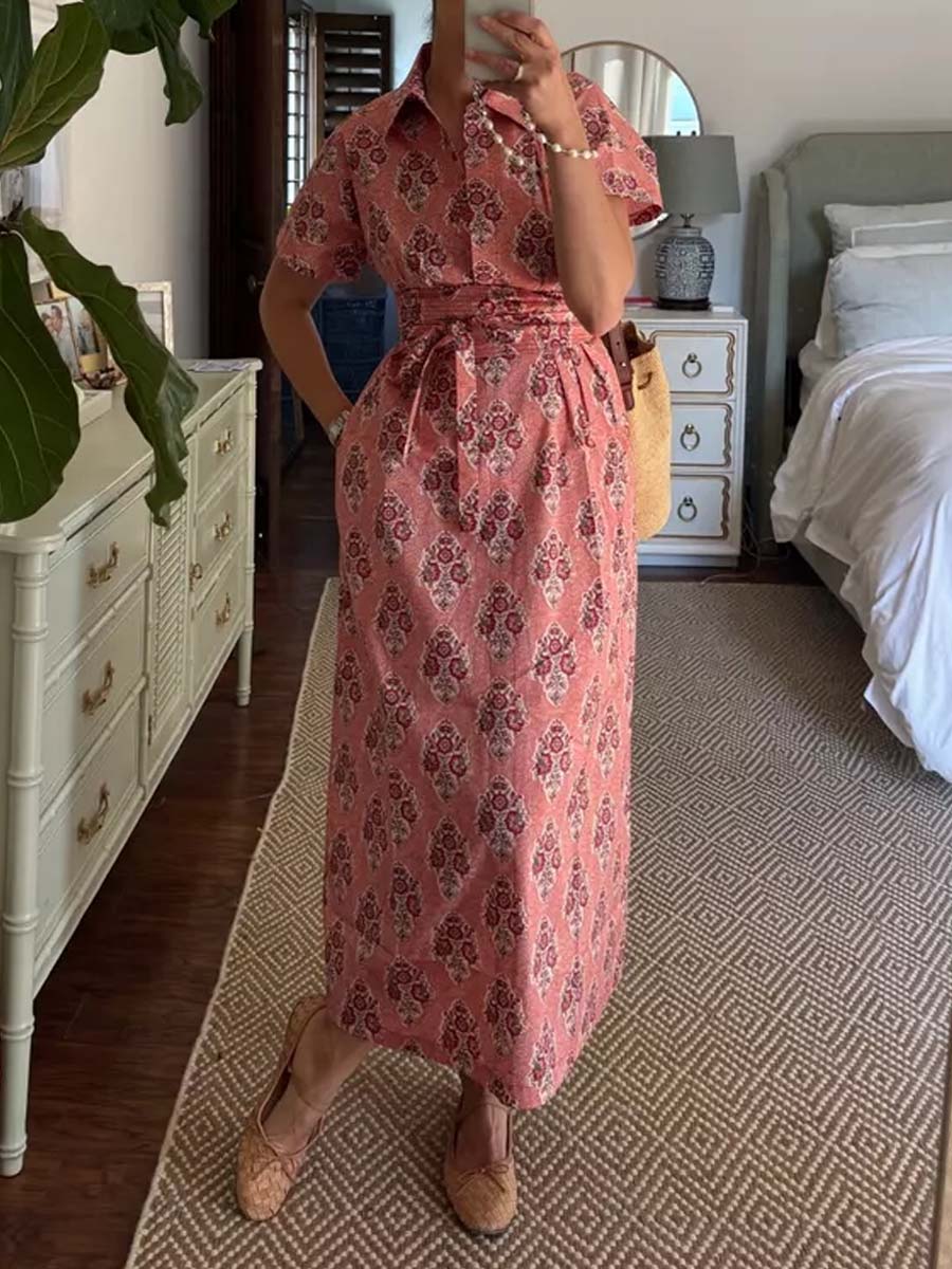 Printed Short Dolman Sleeve Belted Dress