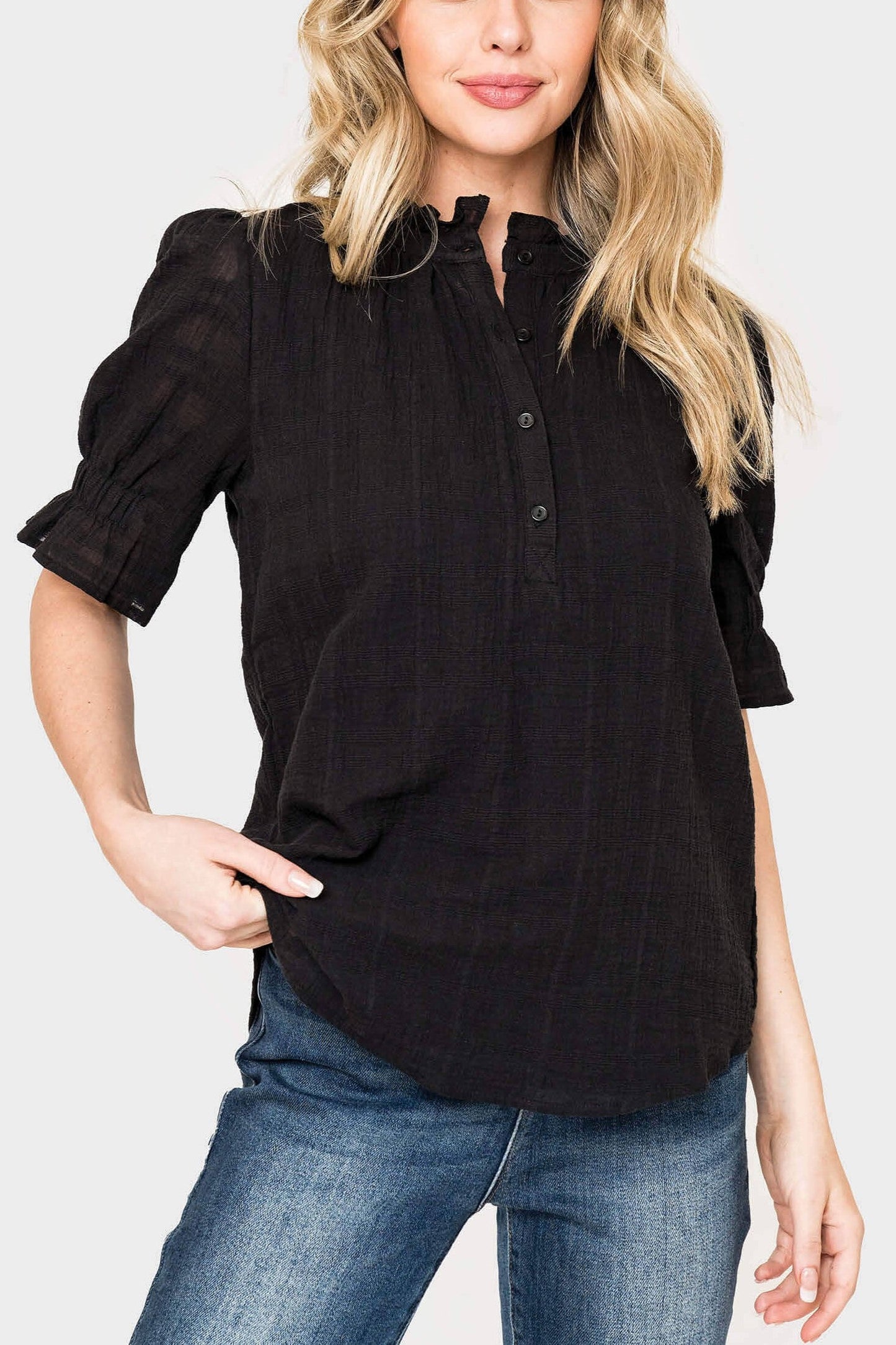 Henley Ruffle Puff Sleeve Cotton Blouse