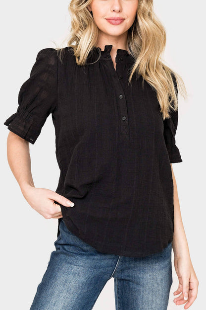 Henley Ruffle Puff Sleeve Cotton Blouse