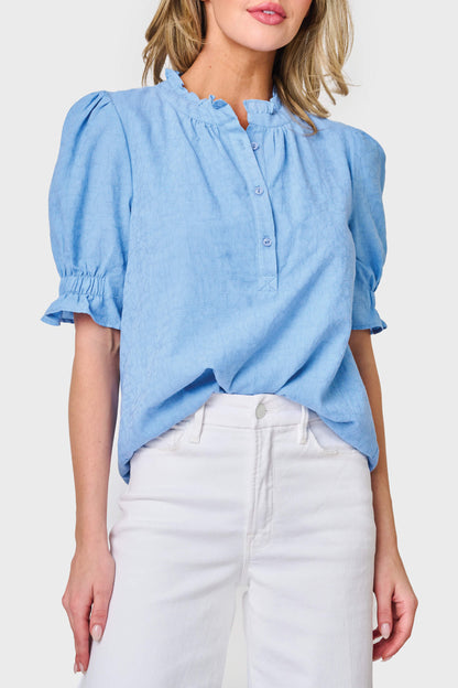 Henley Ruffle Puff Sleeve Cotton Blouse