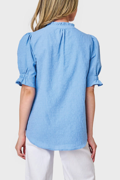 Henley Ruffle Puff Sleeve Cotton Blouse