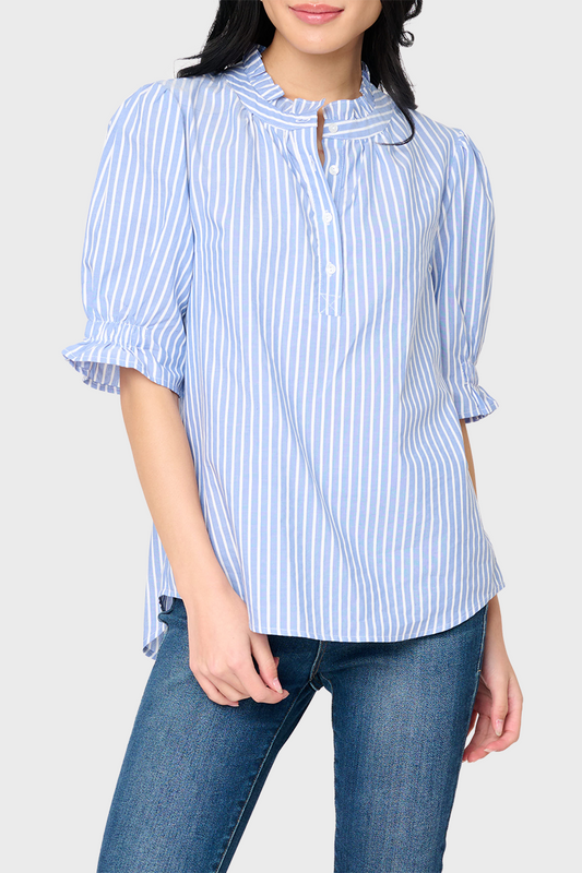 Henley Ruffle Puff Sleeve Cotton Blouse