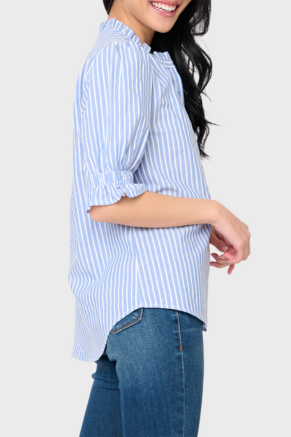Henley Ruffle Puff Sleeve Cotton Blouse