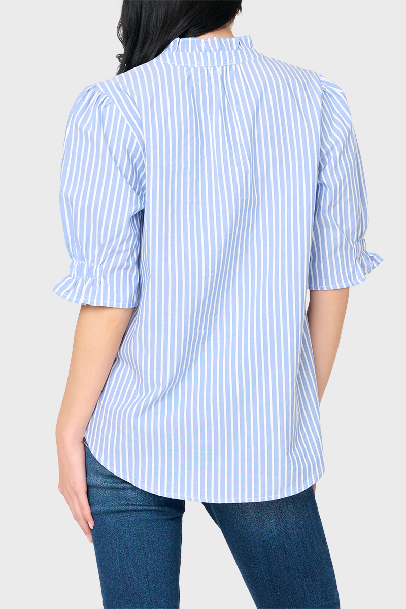Henley Ruffle Puff Sleeve Cotton Blouse