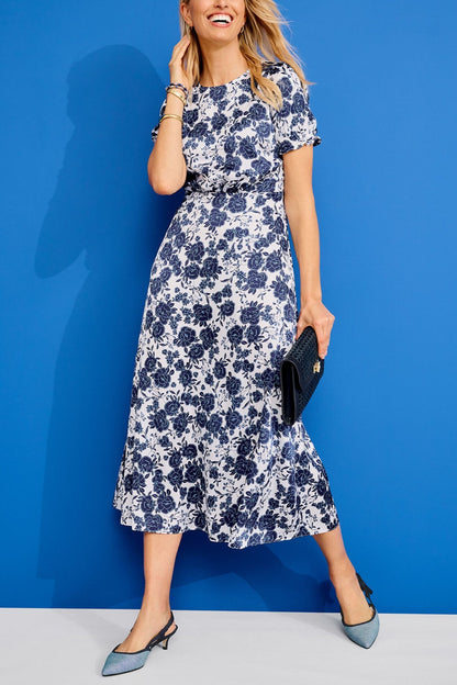 Dark Blue Rose Satin Midi Dress