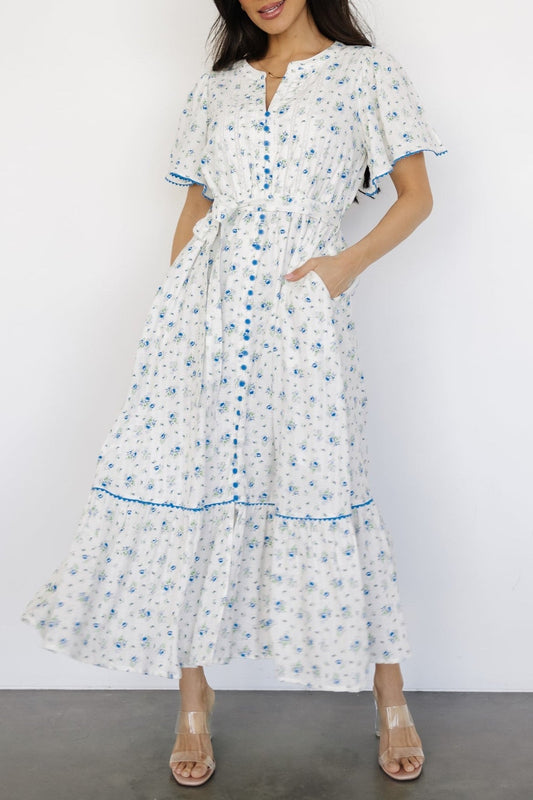 Baltic Blue And Green Florals Cotton-blend Midi Dress