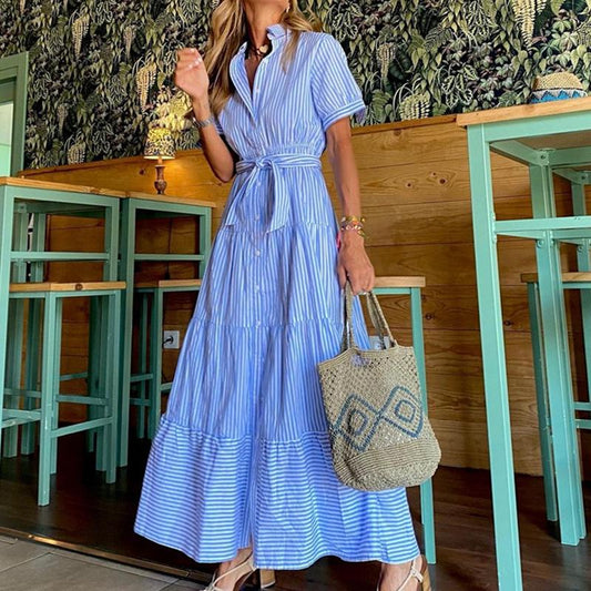 Belted Layered Striped Midi Shirt Dress