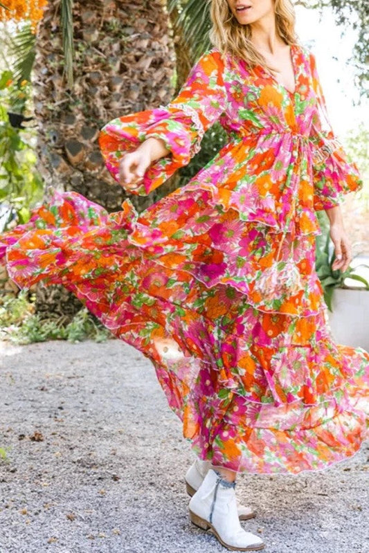 Metallic Gold, Pink & Orange Maxi Dress