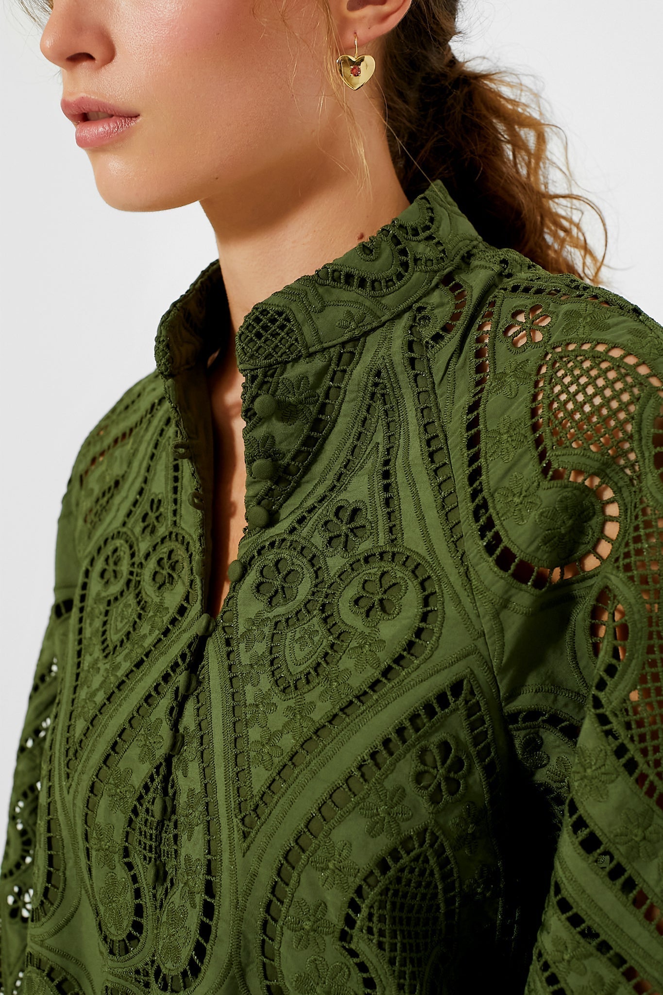 Balloon Sleeves Mandarin Collar Eyelet Lace Dress