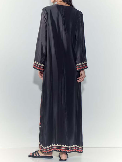Loose Satin V Neck Printed Maxi Dress