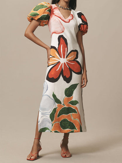 Printed V Neck Puff Sleeve A-Line Maxi Dress