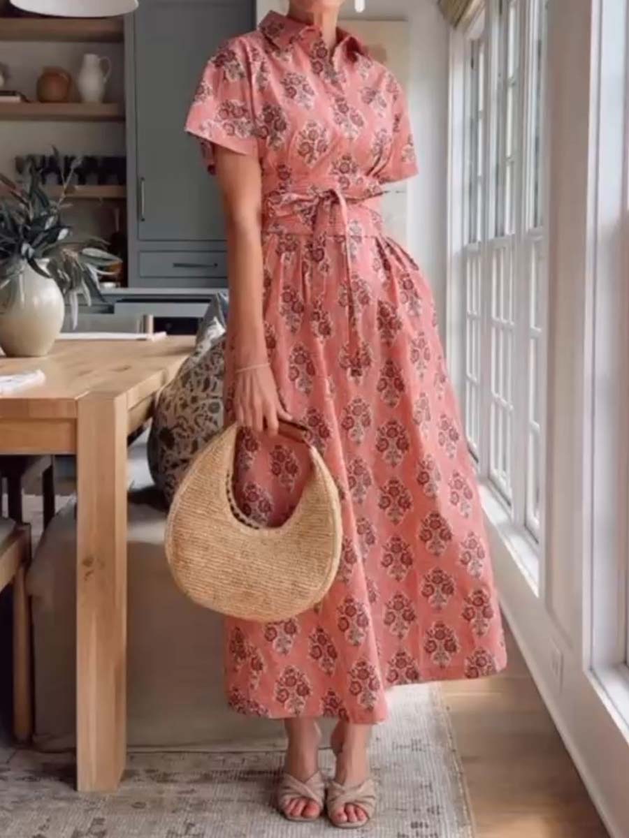 Printed Short Dolman Sleeve Belted Dress