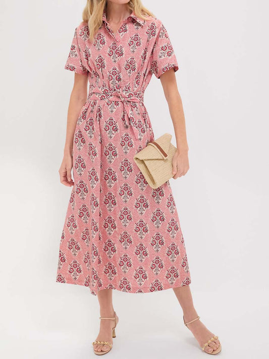 Printed Short Dolman Sleeve Belted Dress