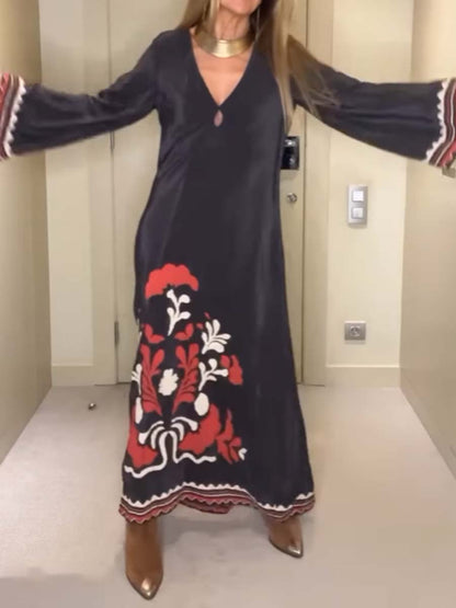 Loose Satin V Neck Printed Maxi Dress